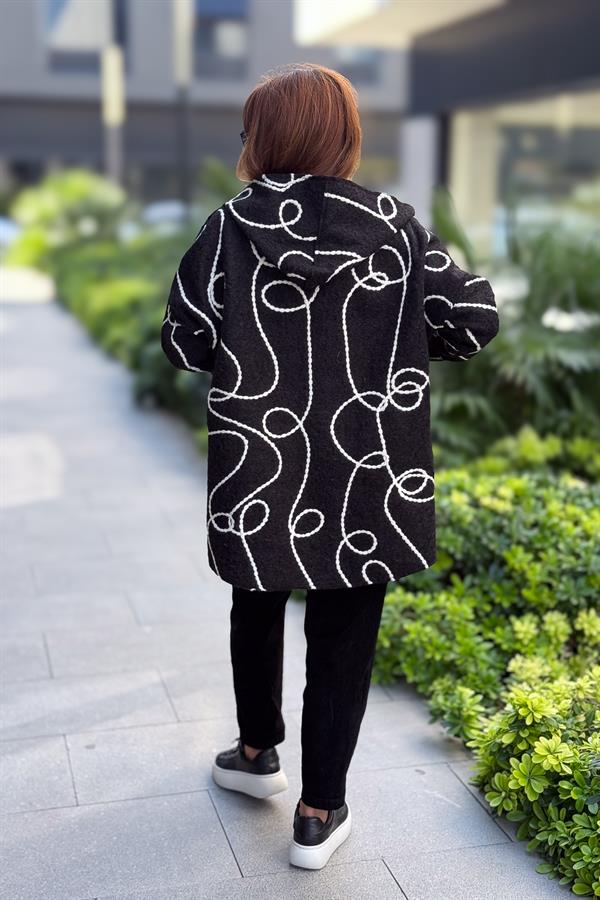 Halat Çizgiler Detaylı Keçe Kaban Siyah Renk