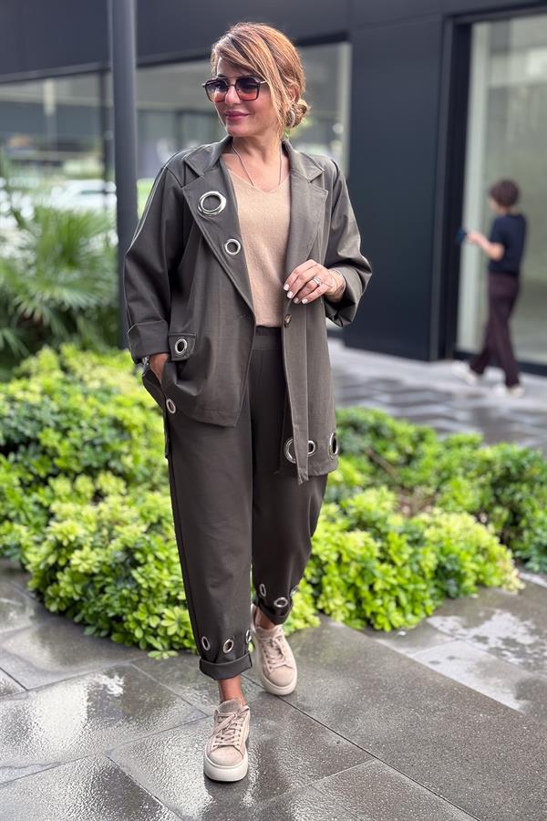 Halka Detaylı Asimetrik Kesim Ceketli Takım Haki Renk