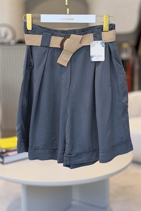 Hasır Kemerli Beli Lastikli Duble Paça Viskon Şort Antresit RenkŞORT