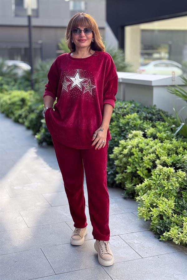 Havuç Paça Beli Lastikli Düz Basic Kadife Eşorfman Altı Bordo Renk