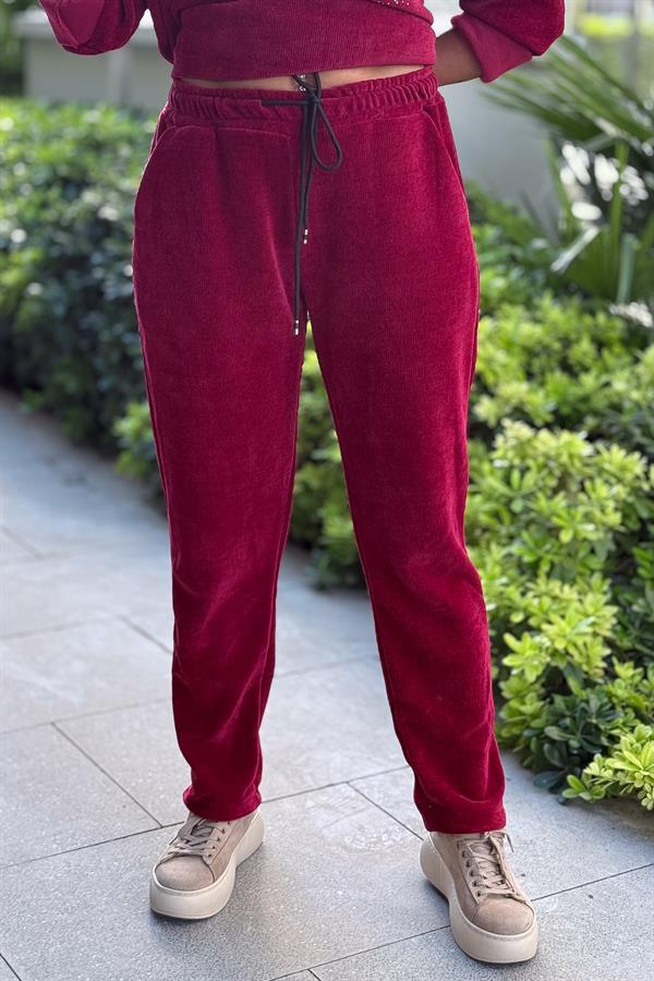 Havuç Paça Beli Lastikli Düz Basic Kadife Eşorfman Altı Bordo Renk