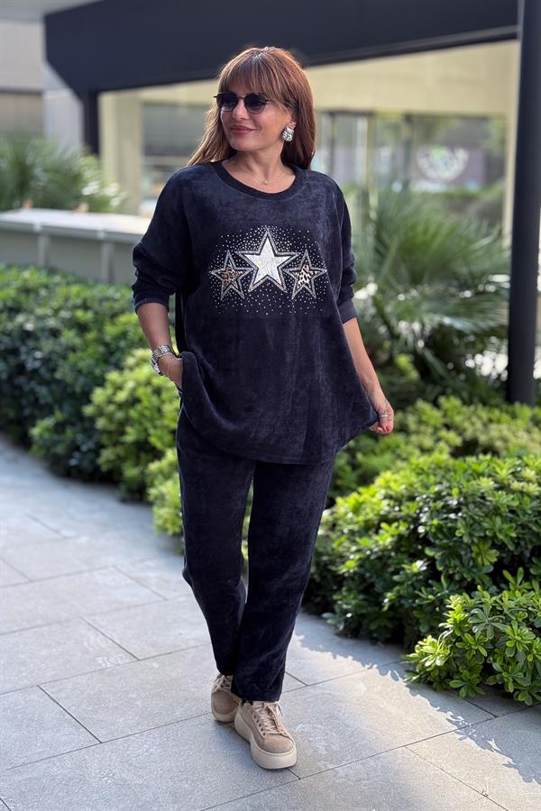 Havuç Paça Beli Lastikli Düz Basic Kadife Eşorfman Altı Lacivert Renk