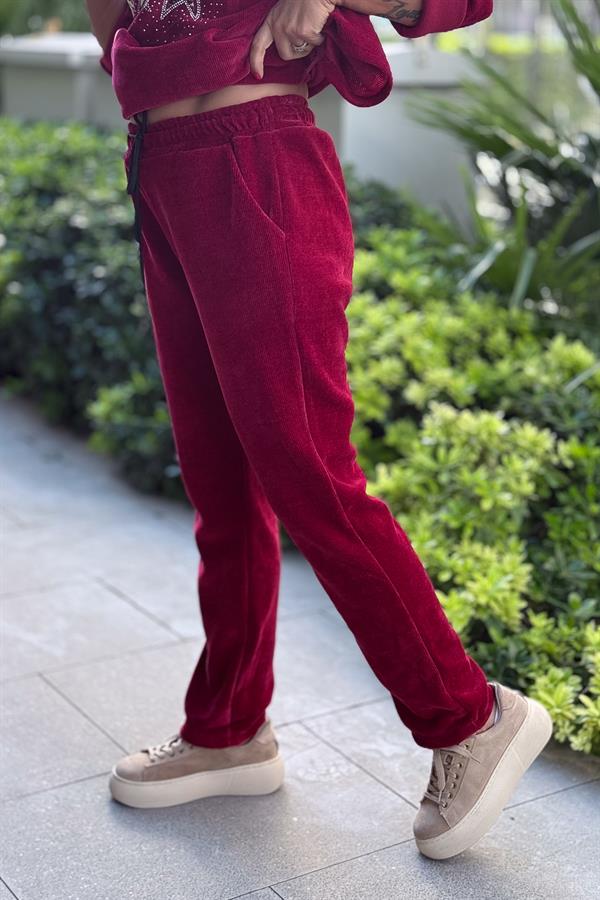 Havuç Paça Beli Lastikli Düz Basic Kadife Eşorfman Altı Bordo Renk