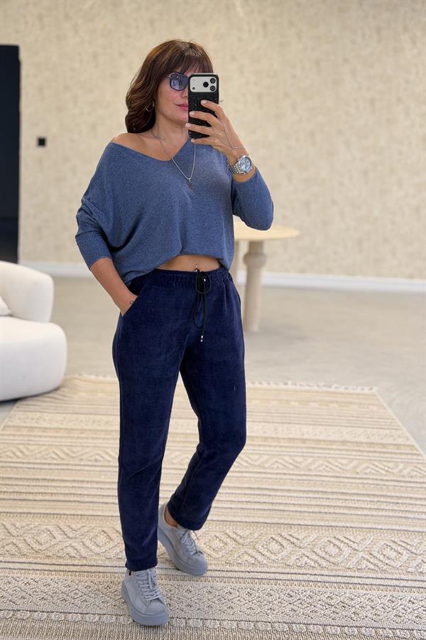 Havuç Paça Beli Lastikli Düz Basic Kadife Eşorfman Altı Koyu Lacivert Renk