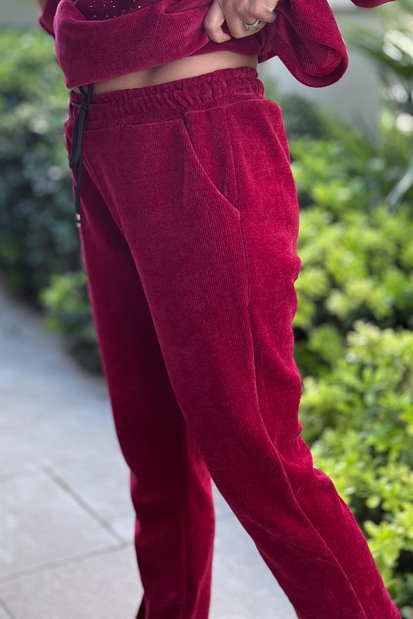 Havuç Paça Beli Lastikli Düz Basic Kadife Eşorfman Altı Bordo Renk