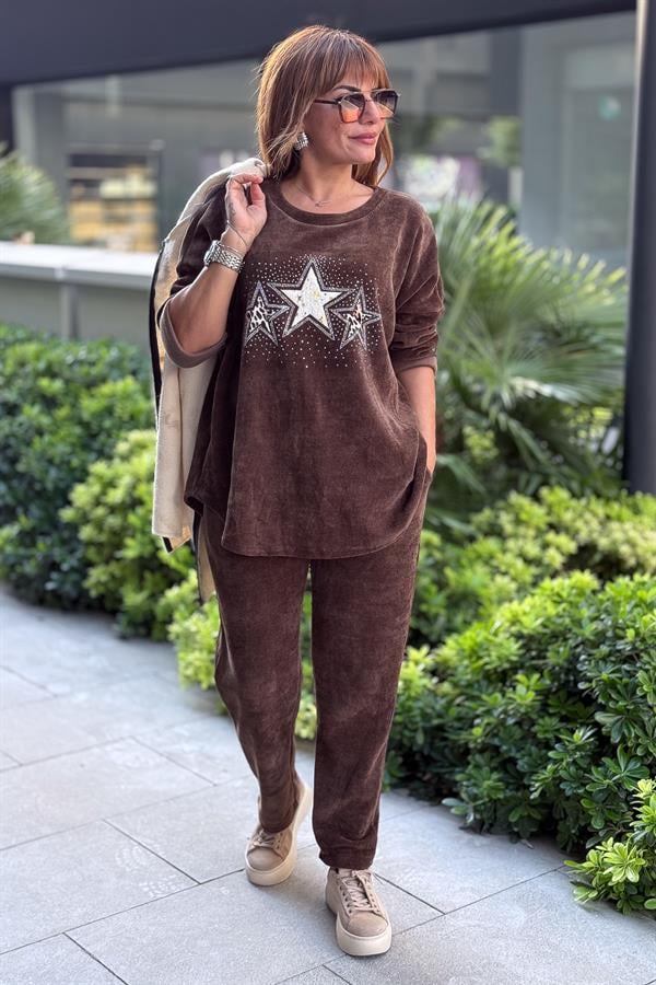 Havuç Paça Beli Lastikli Düz Basic Kadife Eşorfman Altı Kahverengi Renk