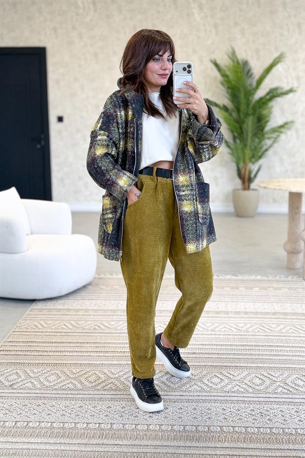 Havuç Paça Fitilli Siyah Kemerli Kadife Pantolon Küf Sarı Renk