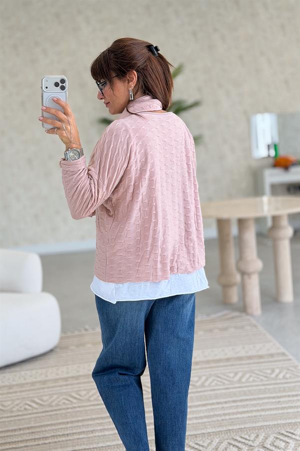 İç Astarı Pamuklu Üstü Trikolu Şallı Takım Bluz Pudra Renk