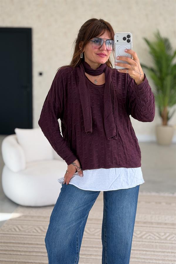 İç Astarı Pamuklu Üstü Trikolu Şallı Takım Bluz Mürdüm Renk