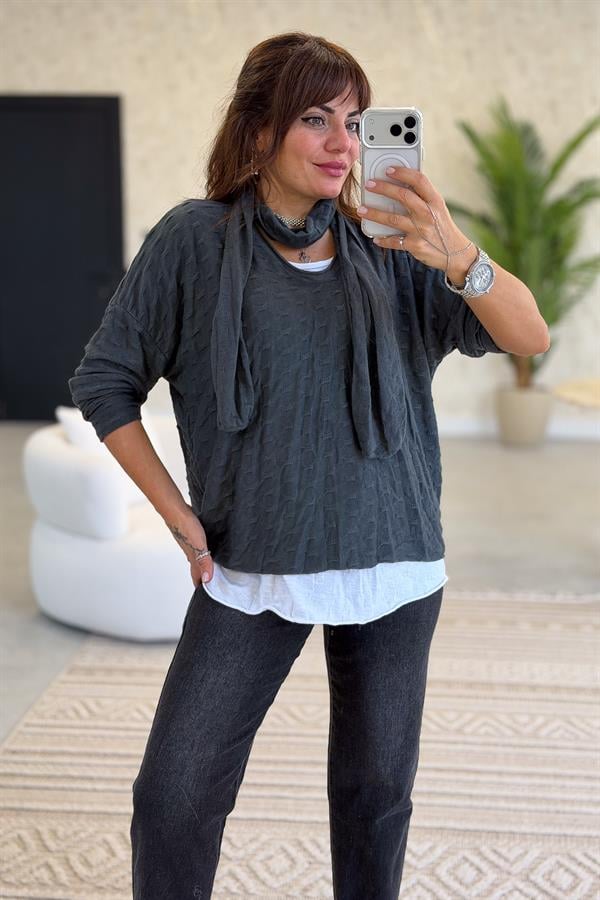 İç Astarı Pamuklu Üstü Trikolu Şallı Takım Bluz Antresit Renk