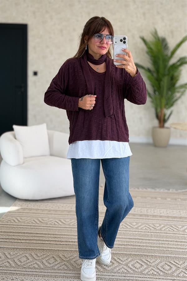 İç Astarı Pamuklu Üstü Trikolu Şallı Takım Bluz Mürdüm Renk