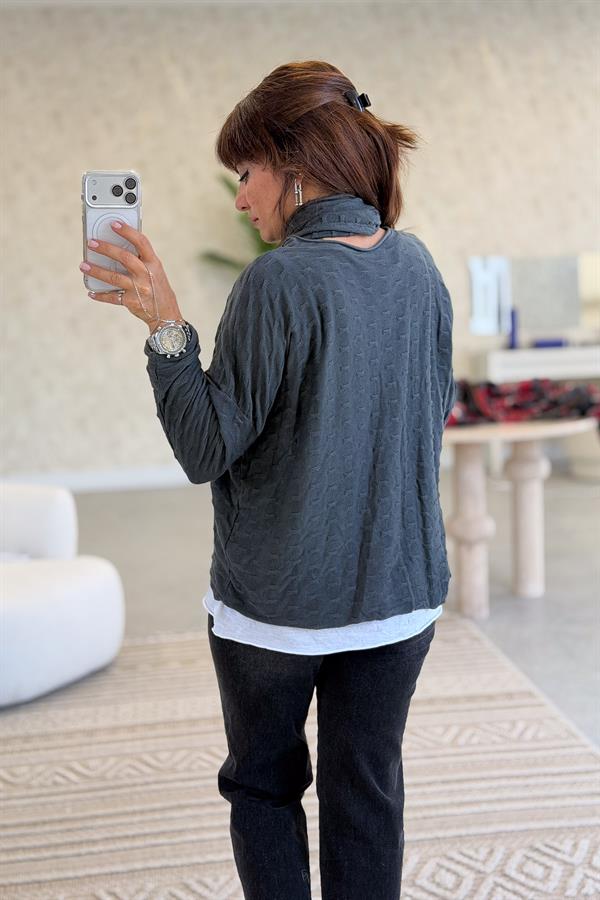 İç Astarı Pamuklu Üstü Trikolu Şallı Takım Bluz Antresit Renk