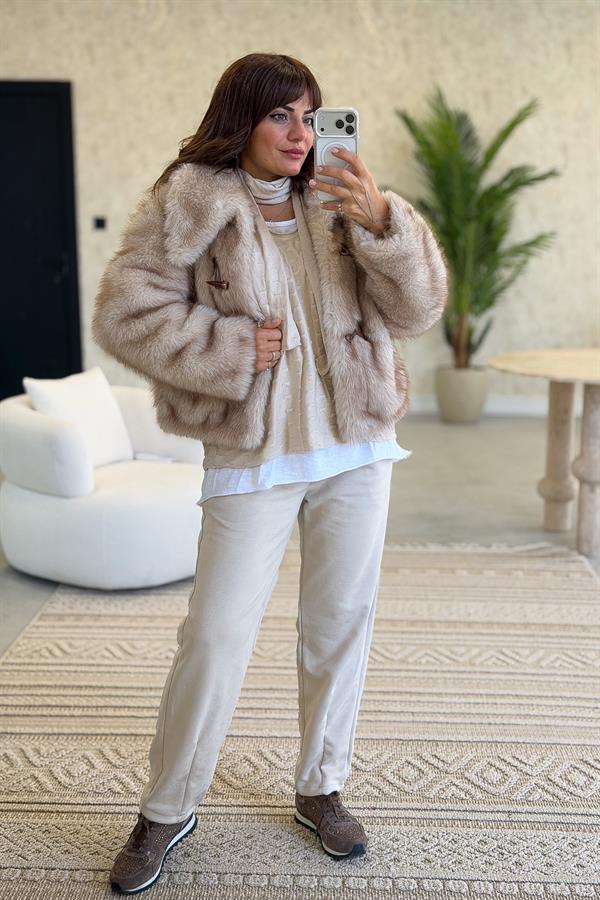 İç Astarı Pamuklu Üstü Trikolu Şallı Takım Bluz Bej Renk