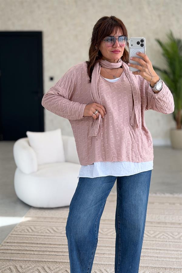 İç Astarı Pamuklu Üstü Trikolu Şallı Takım Bluz Pudra Renk