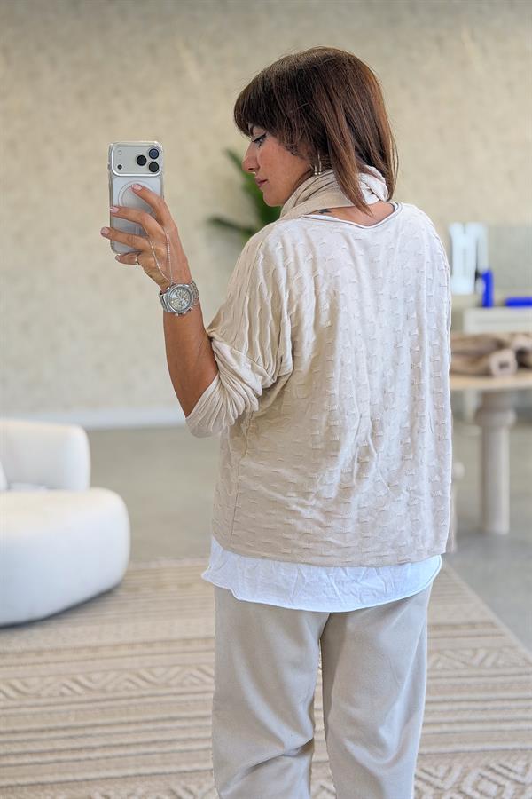 İç Astarı Pamuklu Üstü Trikolu Şallı Takım Bluz Bej Renk