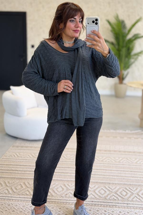 İç Astarı Pamuklu Üstü Trikolu Şallı Takım Bluz Antresit Renk