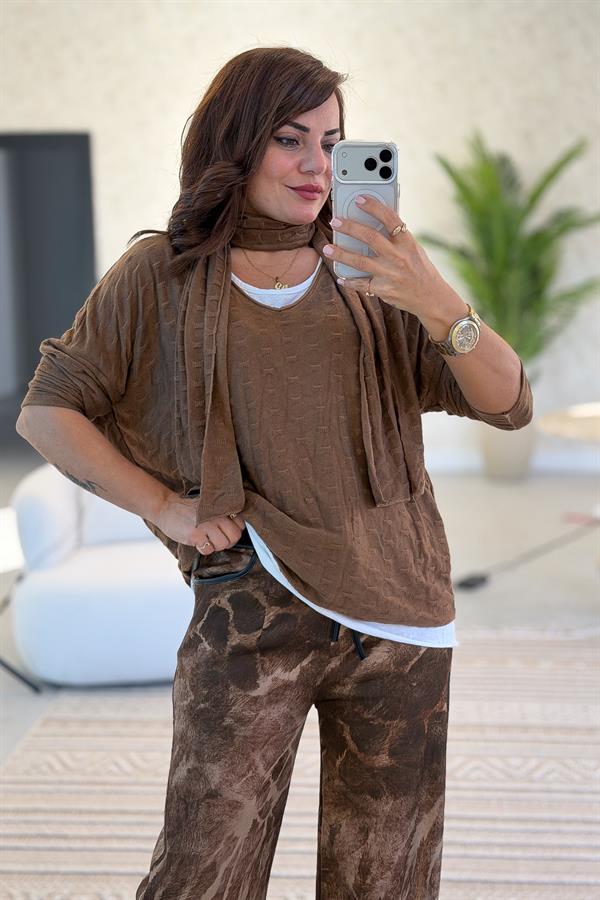 İç Astarı Pamuklu Üstü Trikolu Şallı Takım Bluz Taba Renk