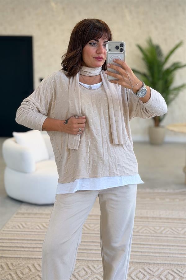 İç Astarı Pamuklu Üstü Trikolu Şallı Takım Bluz Bej Renk