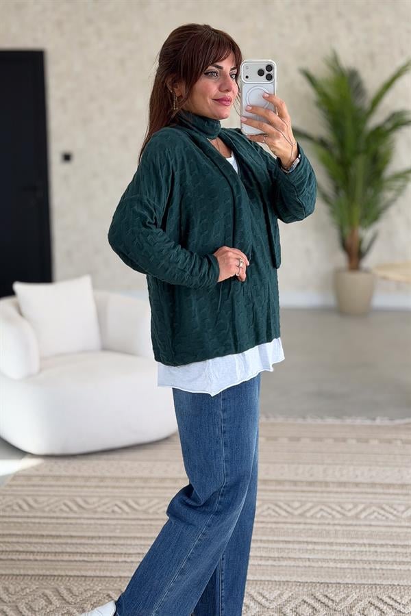 İç Astarı Pamuklu Üstü Trikolu Şallı Takım Bluz Nefti Yeşil Renk