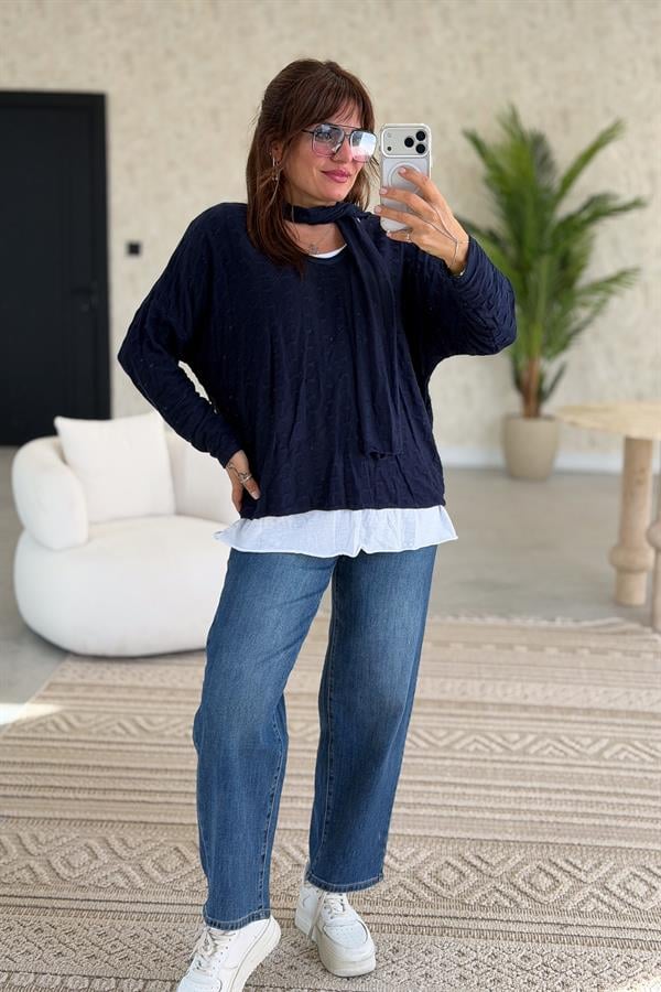 İç Astarı Pamuklu Üstü Trikolu Şallı Takım Bluz Lacivert Renk