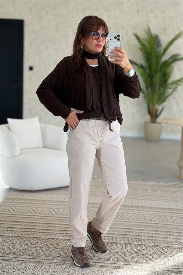 İç Astarı Pamuklu Üstü Trikolu Şallı Takım Bluz Acı Kahve Renk