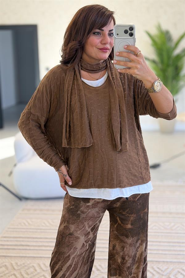 İç Astarı Pamuklu Üstü Trikolu Şallı Takım Bluz Taba Renk