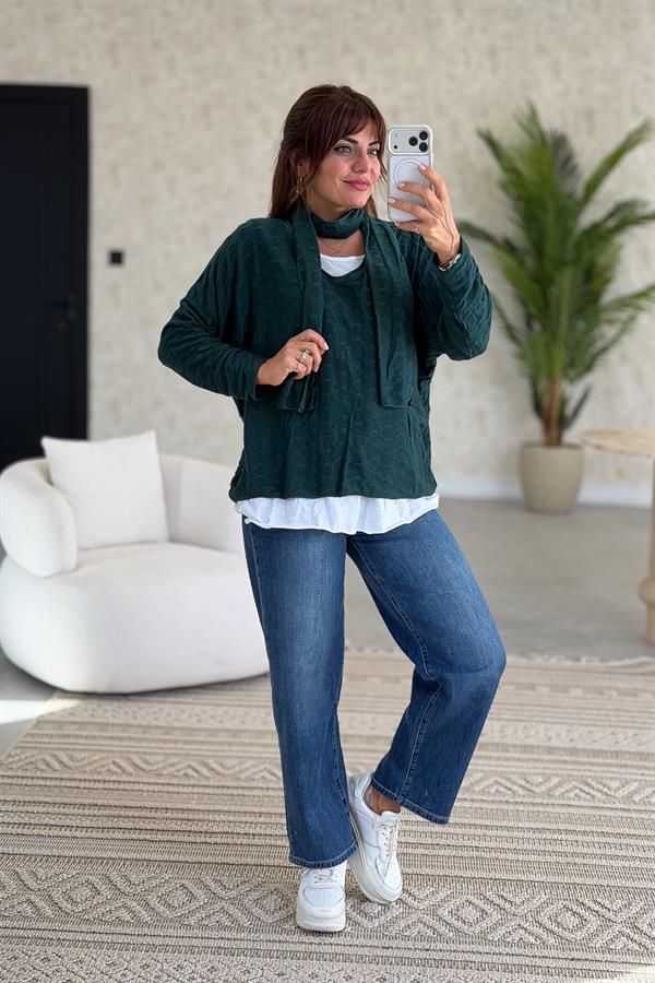 İç Astarı Pamuklu Üstü Trikolu Şallı Takım Bluz Nefti Yeşil Renk