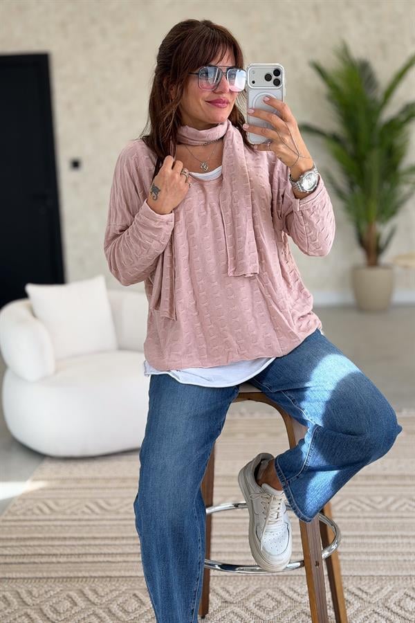 İç Astarı Pamuklu Üstü Trikolu Şallı Takım Bluz Pudra Renk