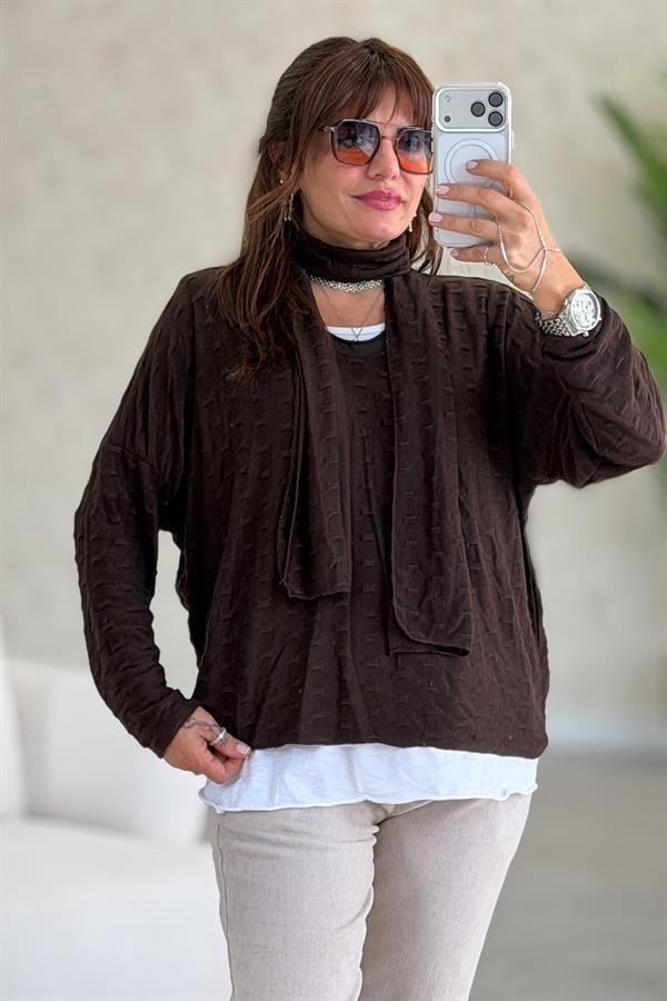 İç Astarı Pamuklu Üstü Trikolu Şallı Takım Bluz Acı Kahve Renk