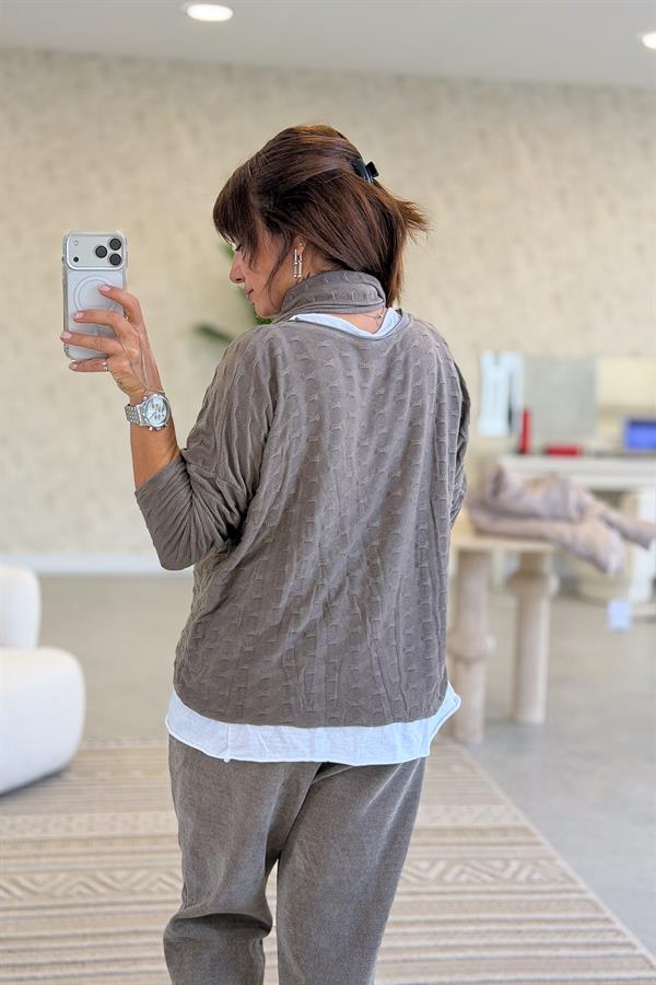 İç Astarı Pamuklu Üstü Trikolu Şallı Takım Bluz Vizon Renk