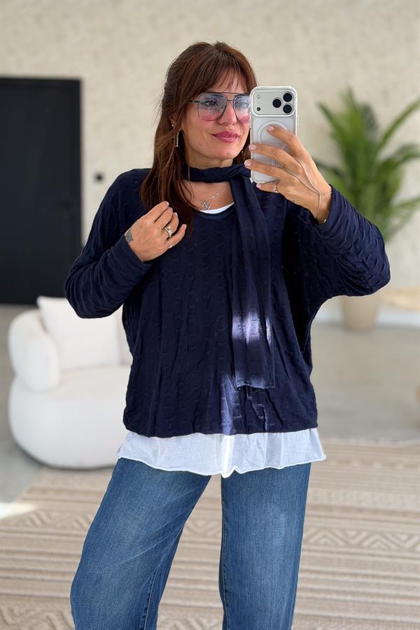 İç Astarı Pamuklu Üstü Trikolu Şallı Takım Bluz Lacivert Renk