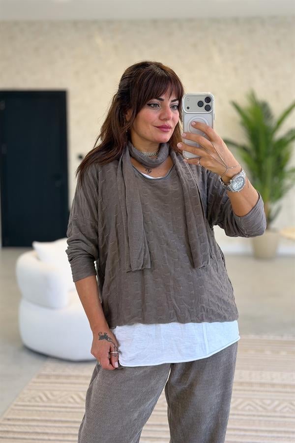 İç Astarı Pamuklu Üstü Trikolu Şallı Takım Bluz Vizon Renk