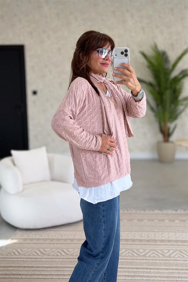 İç Astarı Pamuklu Üstü Trikolu Şallı Takım Bluz Pudra Renk