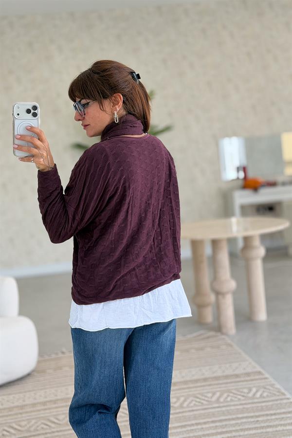 İç Astarı Pamuklu Üstü Trikolu Şallı Takım Bluz Mürdüm Renk