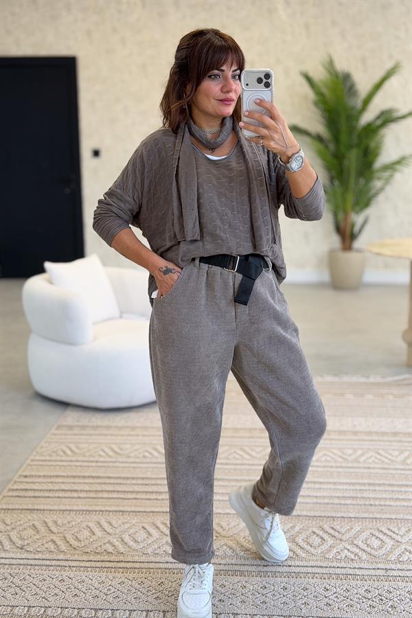 İç Astarı Pamuklu Üstü Trikolu Şallı Takım Bluz Vizon Renk