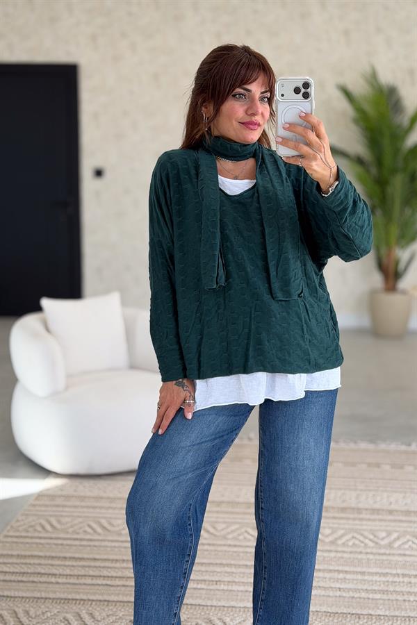 İç Astarı Pamuklu Üstü Trikolu Şallı Takım Bluz Nefti Yeşil Renk
