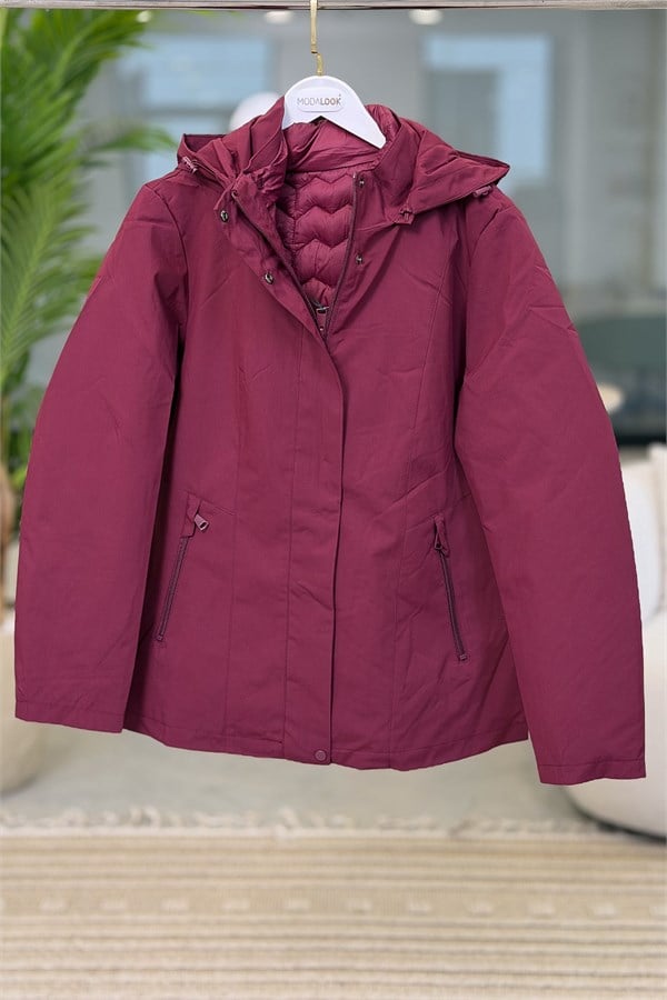 İçi İnce Mont Detaylı Dışı Yağmurluk Trenç Bordo Renk