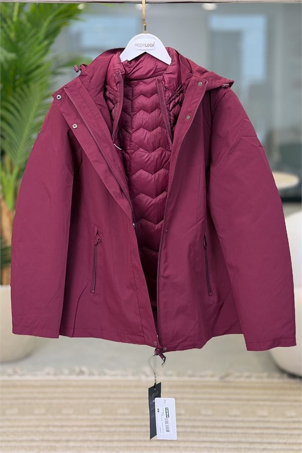 İçi İnce Mont Detaylı Dışı Yağmurluk Trenç Bordo Renk