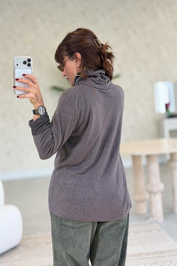 İçi Jardonlu Düz Basic Balıkçı Yaka Triko Kahverengi Renk