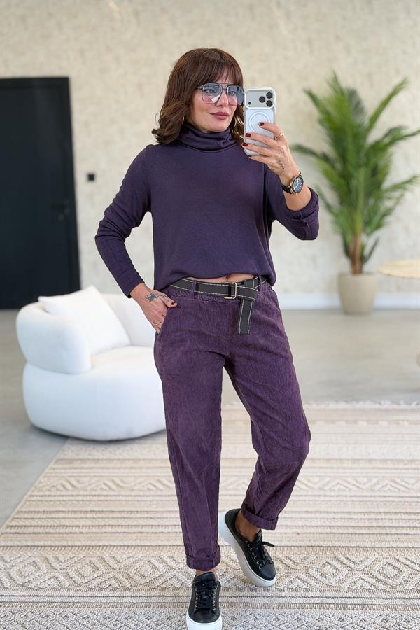 İçi Jardonlu Düz Basic Balıkçı Yaka Triko Mürdüm Renk