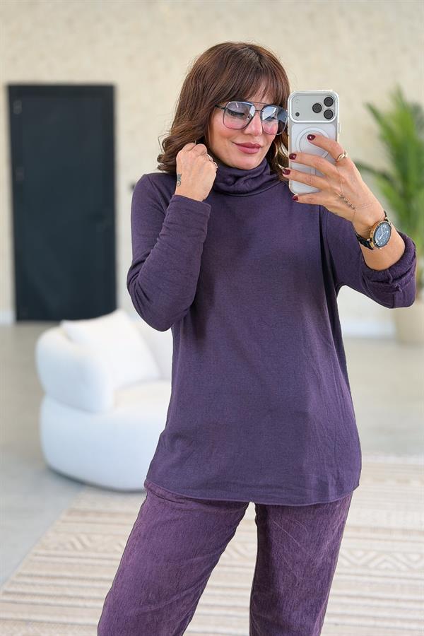 İçi Jardonlu Düz Basic Balıkçı Yaka Triko Mürdüm Renk