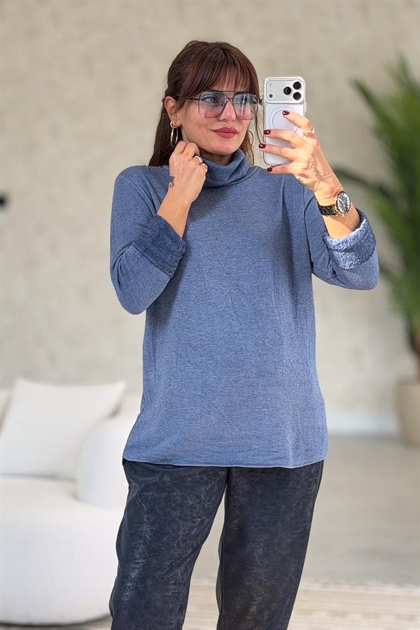 İçi Jardonlu Düz Basic Balıkçı Yaka Triko İndigo Renk