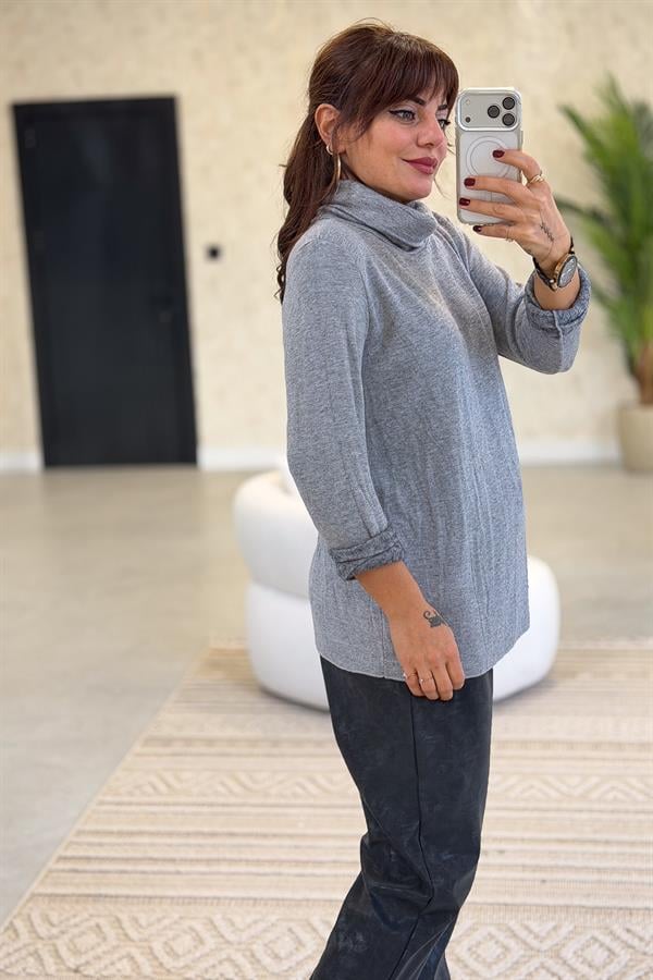 İçi Jardonlu Düz Basic Balıkçı Yaka Triko Gri Renk