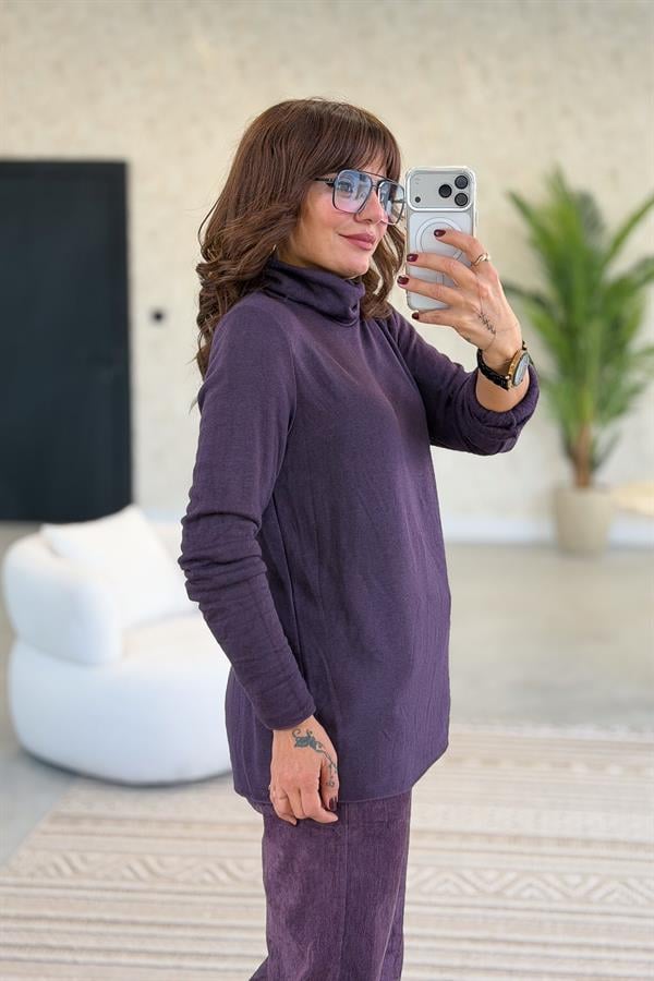 İçi Jardonlu Düz Basic Balıkçı Yaka Triko Mürdüm Renk