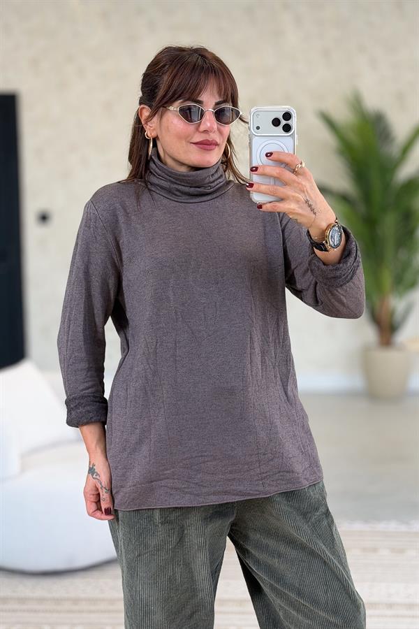 İçi Jardonlu Düz Basic Balıkçı Yaka Triko Kahverengi Renk