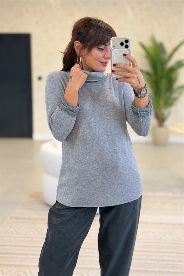 İçi Jardonlu Düz Basic Balıkçı Yaka Triko Gri Renk