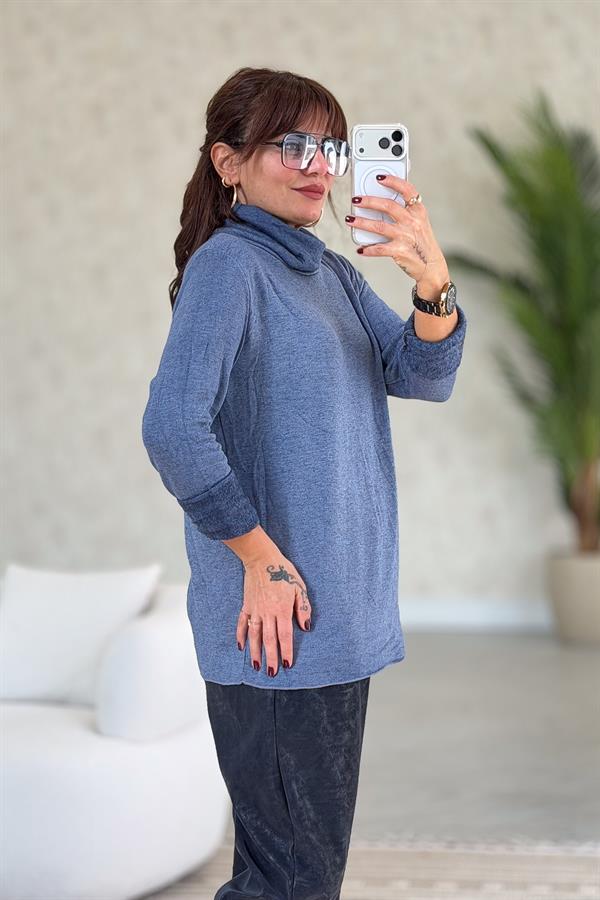 İçi Jardonlu Düz Basic Balıkçı Yaka Triko İndigo Renk