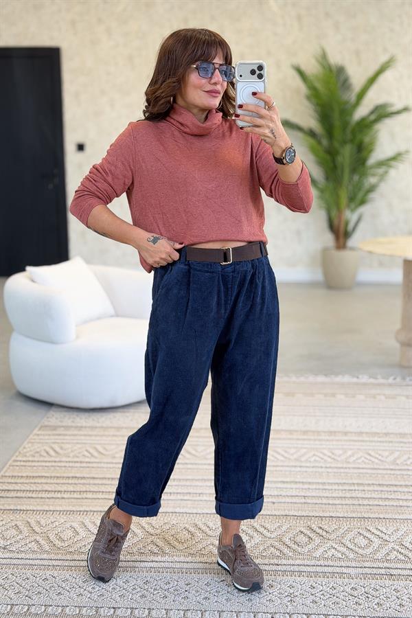 İçi Jardonlu Düz Basic Balıkçı Yaka Triko Kiremit Renk