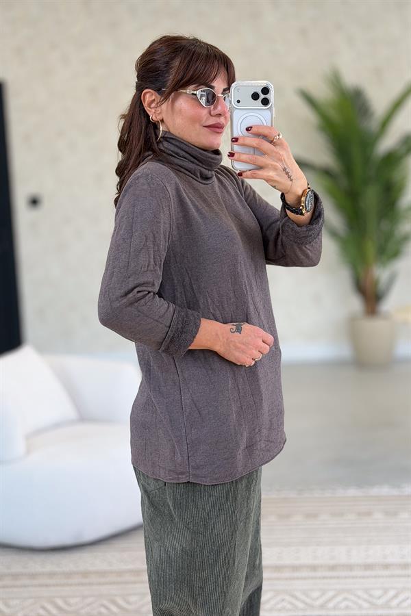 İçi Jardonlu Düz Basic Balıkçı Yaka Triko Kahverengi Renk