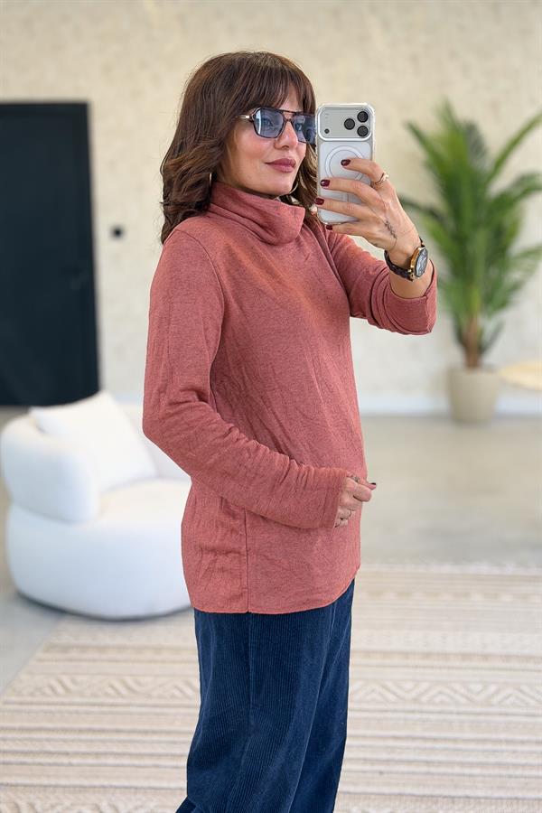 İçi Jardonlu Düz Basic Balıkçı Yaka Triko Kiremit Renk